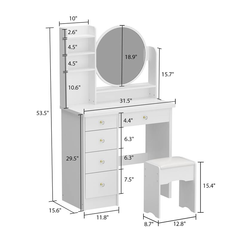 Makeup Vanity Set Dresser w/Mirror Stool 5 Drawers - White/Pink/Black - 31.5"L x 15.7"W x 52"H