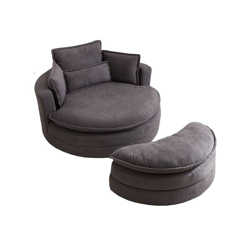 52" Swivel Fabric Big Round Chair with Storage Ottoman and Pillows