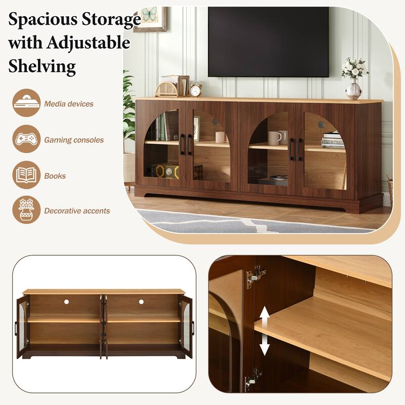 Farmhouse TV Stand for TVs up to 70" with Semi-Arched Glass Doors, Two-Tone Media Console with Adjustable Shelves
