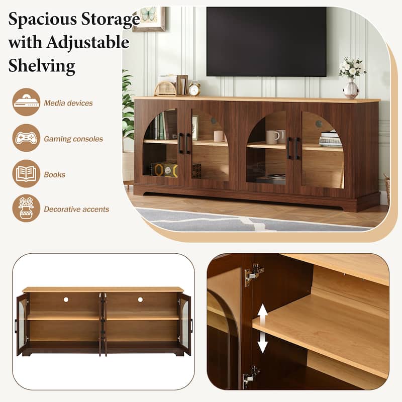 Farmhouse TV Stand with Semi-Arched Glass Doors for TVs Up to 70",Adjustable Shelves,Wood Grain Sideboard with Cable Management