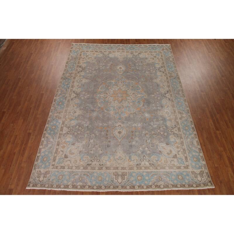 Hand Knotted Oriental 100% Wool Carpet Traditional Floral Greys & Charcoal Tabriz Area Rug - 12' 11'' X 9' 5''