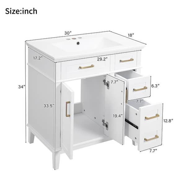 dimension image slide 2 of 8, Homy Casa 30 in. Bathroom Vanity with Ceramic Sink, Free-Standing Storage Cabinet with 2 or 3 Drawers