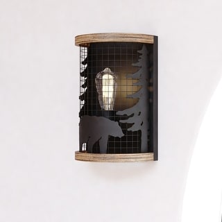 Kodiak 1 Light Black Cage Rustic Wall Sconce Bear and Tree Motif - 8-in W x 12-in H x 5.25-in D