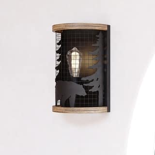 Kodiak 1 Light Black Cage Rustic Wall Sconce Bear and Tree Motif - 8-in W x 12-in H x 5.25-in D