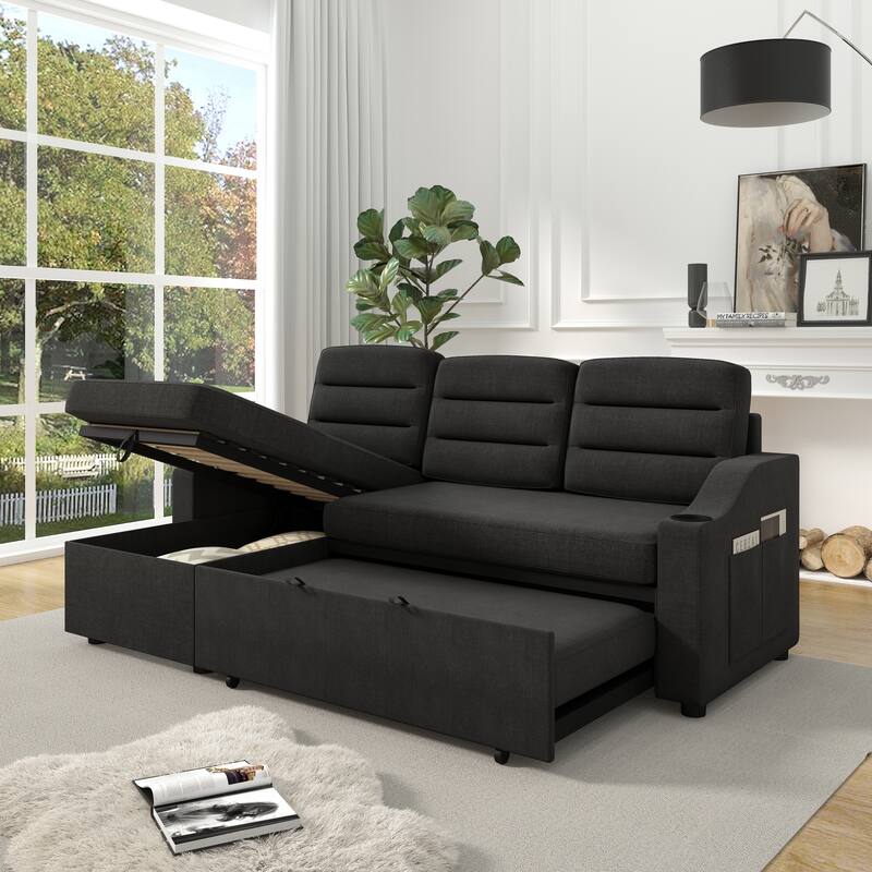 83.5'' Polyester Convertible 3 Seater Sleeper Sofa Couch with Pull-Out Bed, Storage Recliner, Cup Holder, and Side Pockets