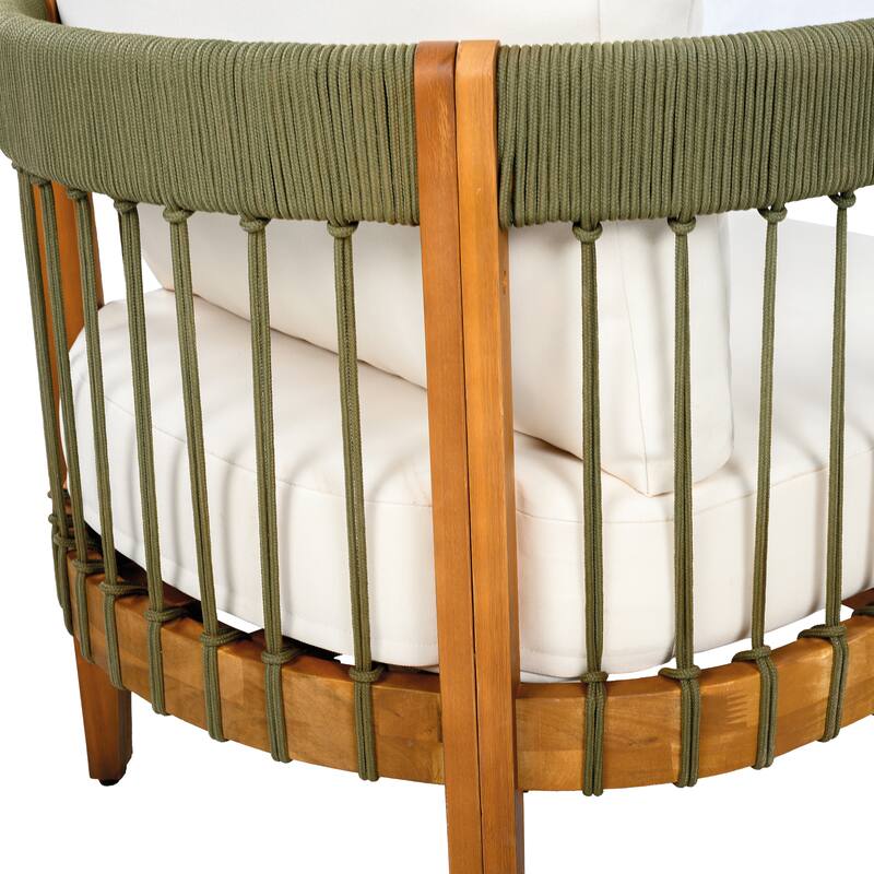 Acacia Wood Outdoor Club Chair with Handwoven Rope Accents & Curved Backrest - Water-Resistant with Removable Cushions
