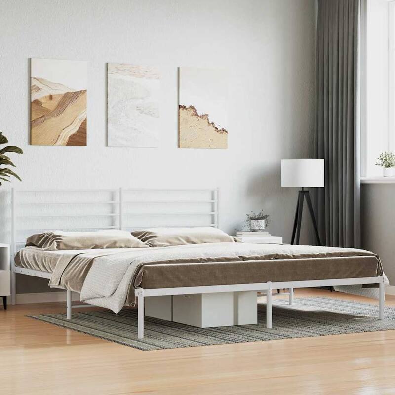 vidaXL Metal Bed Frame with Headboard, No Mattress - White 2 - King