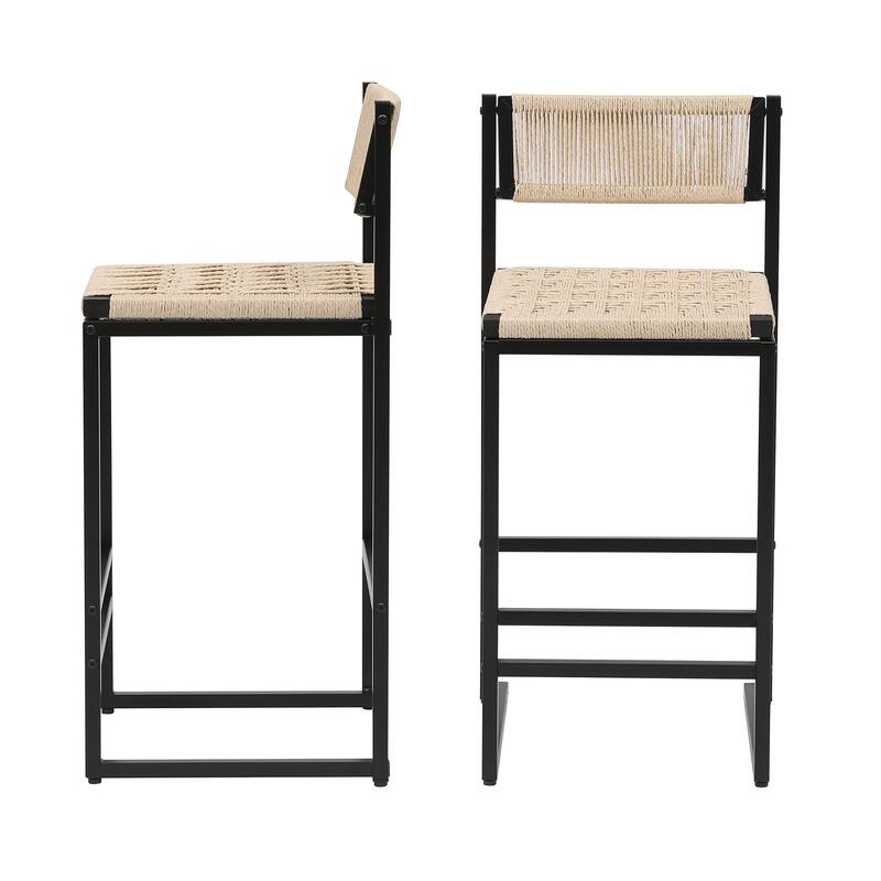 Set of 2 Woven Bar Stools with Backrest Paper Rope Weave Dining Chairs for Kitchen Island (Style B Black & Creamy White)