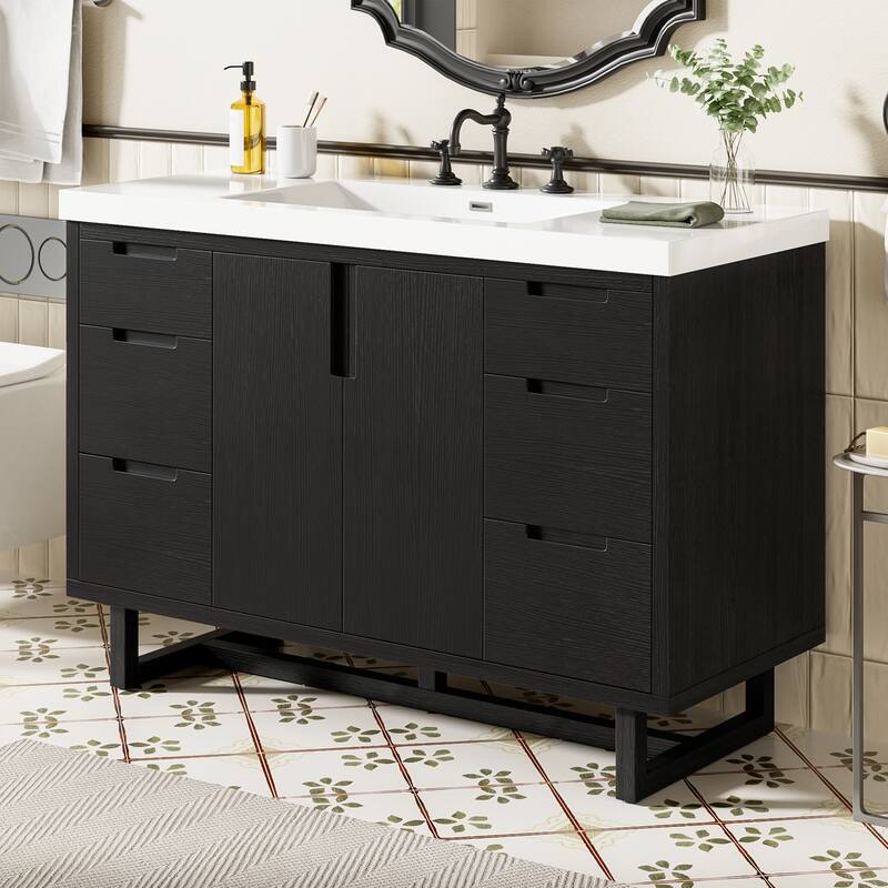 47.2" Space-Saving Bathroom Vanity with Resin Sink, 2 Doors & 6 Drawers, Soft-Close Hardware