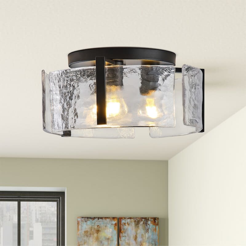 Modern Black Metal Ceiling Light Flush Mount Fixture with Curved Water Glass Panels