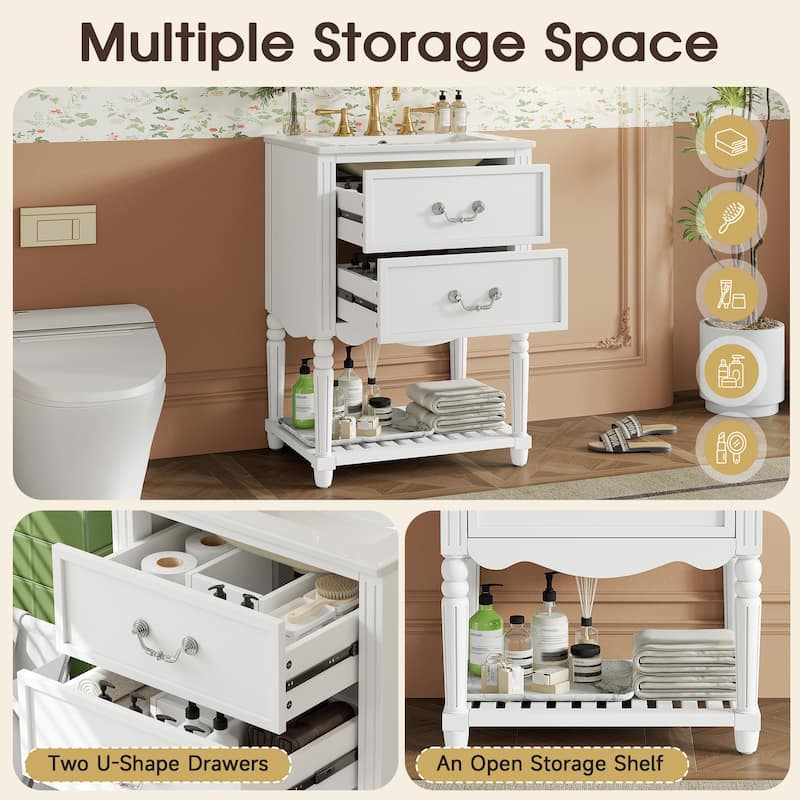 24" Bathroom Vanity with Ceramic Sink, Vintage Wave Design Cabinet with 2 Drawers and Open Shelf