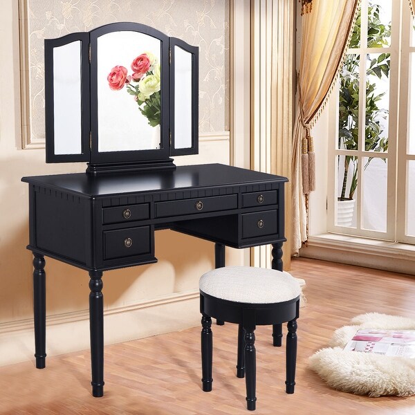 Costway 43''x19''x56'' Tri Folding Mirror Wood Luxury Vanity Makeup Set bathroom W/5 Drawer Black