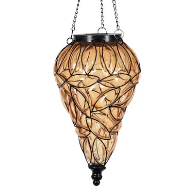 Exhart Solar Tear Shaped Hand Blown Glass Hanging Lantern with Fifteen LED lights, 7 by 24 Inches