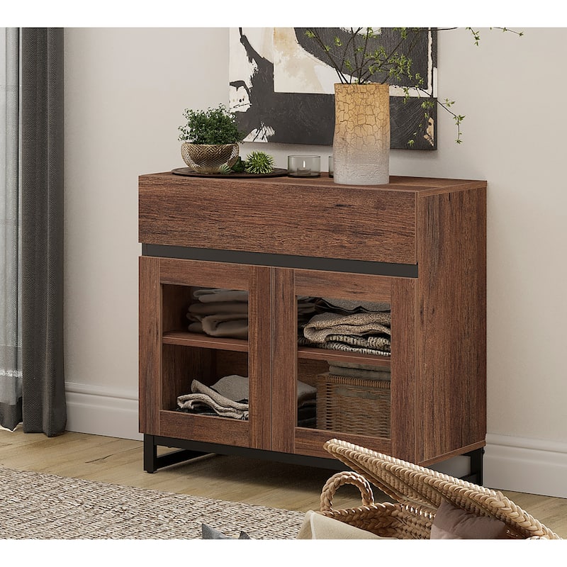 Modern Dresser With Glass Doors, Drawer, And Adjustable Shelf - Multifunctional Storage Cabinet For Living Room Or Bedroom - Brown - 1-drawer