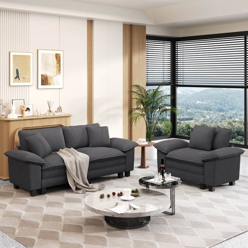 MAISON ARTS 2-Piece Chenille & Corduroy Sofa Set, Comfy 3/4/5-Seater Modular Loveseat & Armchair with Throw Pillows - Grey Corduroy(3 Pieces) - Left Facing