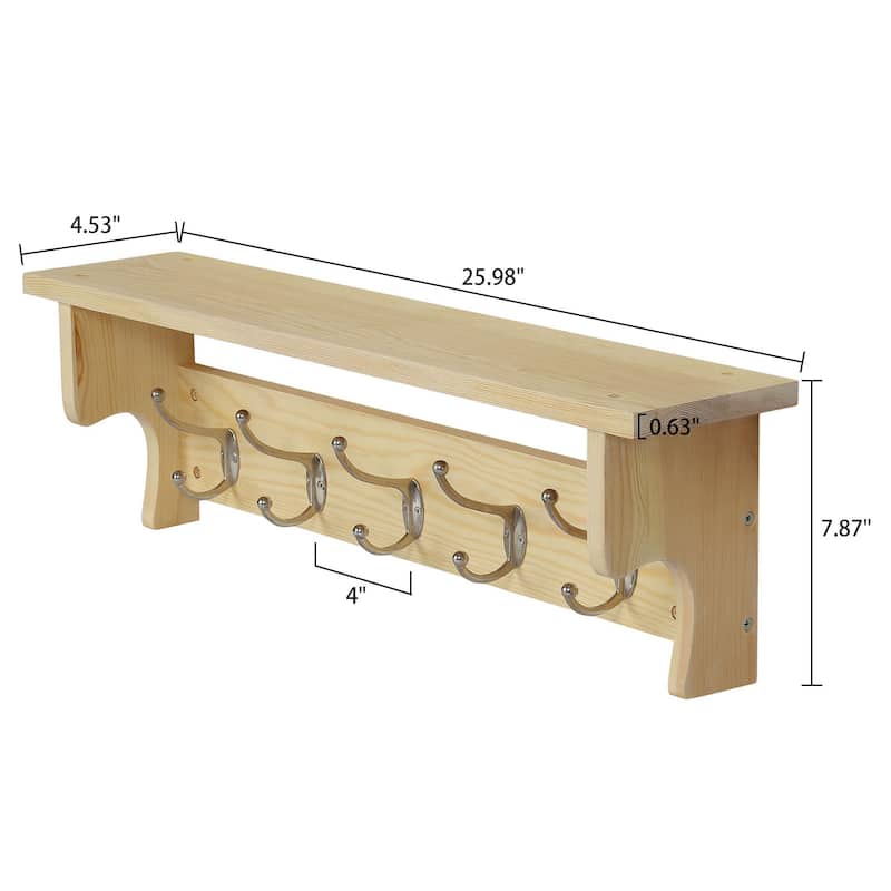 5/8 Metal Hooks Rustic Wall Mounted Coat Rack w/ Storage Shelf