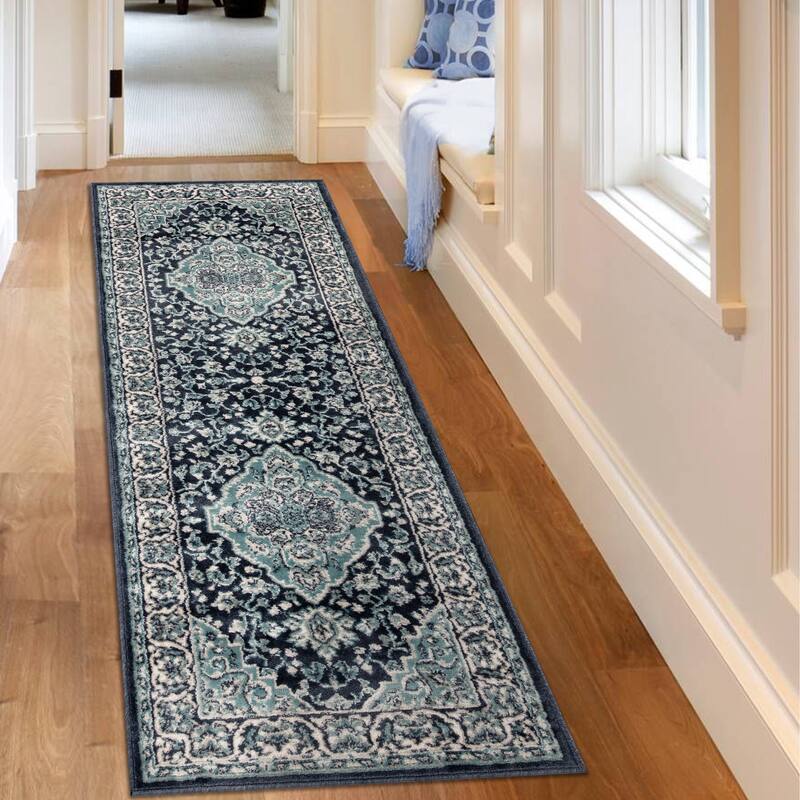 Superior Traditional Oriental Floral Medallion Indoor Area Rug - 2' 7" x 8' - Deep Royal