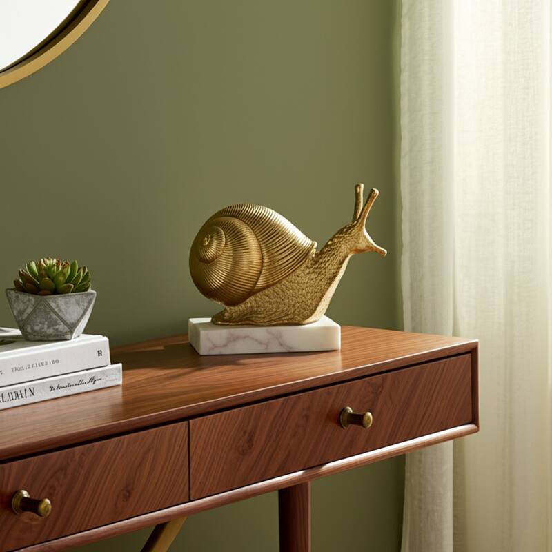 Metal Snail Sculpture on Marble Base Figurine Accent - 7" Gold - 9.5" x 4" x 6.5"