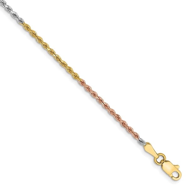 9" 10K Solid Tri-Color Yellow Rose White Gold 2.5mm Valentino Chain Bracelet 7"