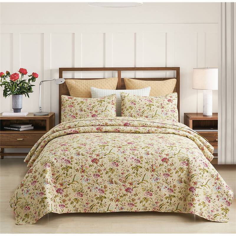 3-piece Striped Quilt Set Reversible Coverlets Bedding Set - Vintage Flower - King