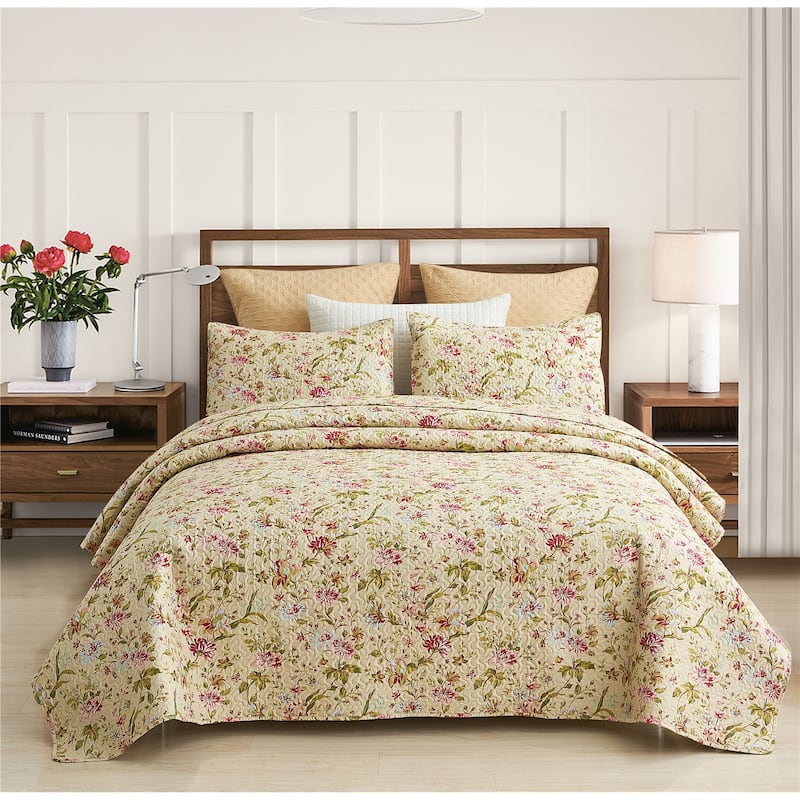 Pink Plaid Patchwork Quilt Set Bedspread - King - Vintage Floral