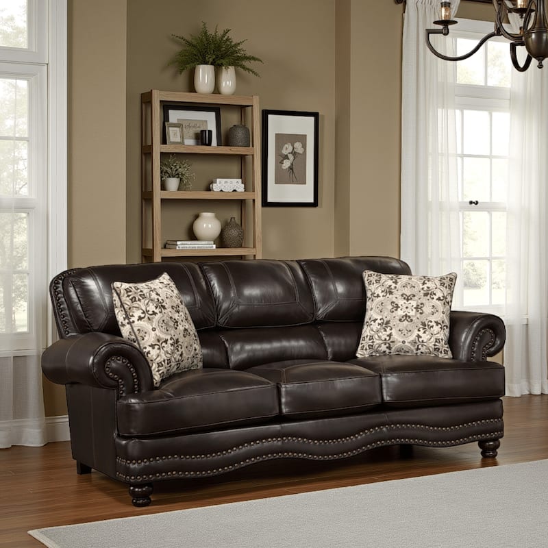Rhea 88 Inch Accent Sofa, Brown Vegan Faux Leather, Nailhead Trim Accent