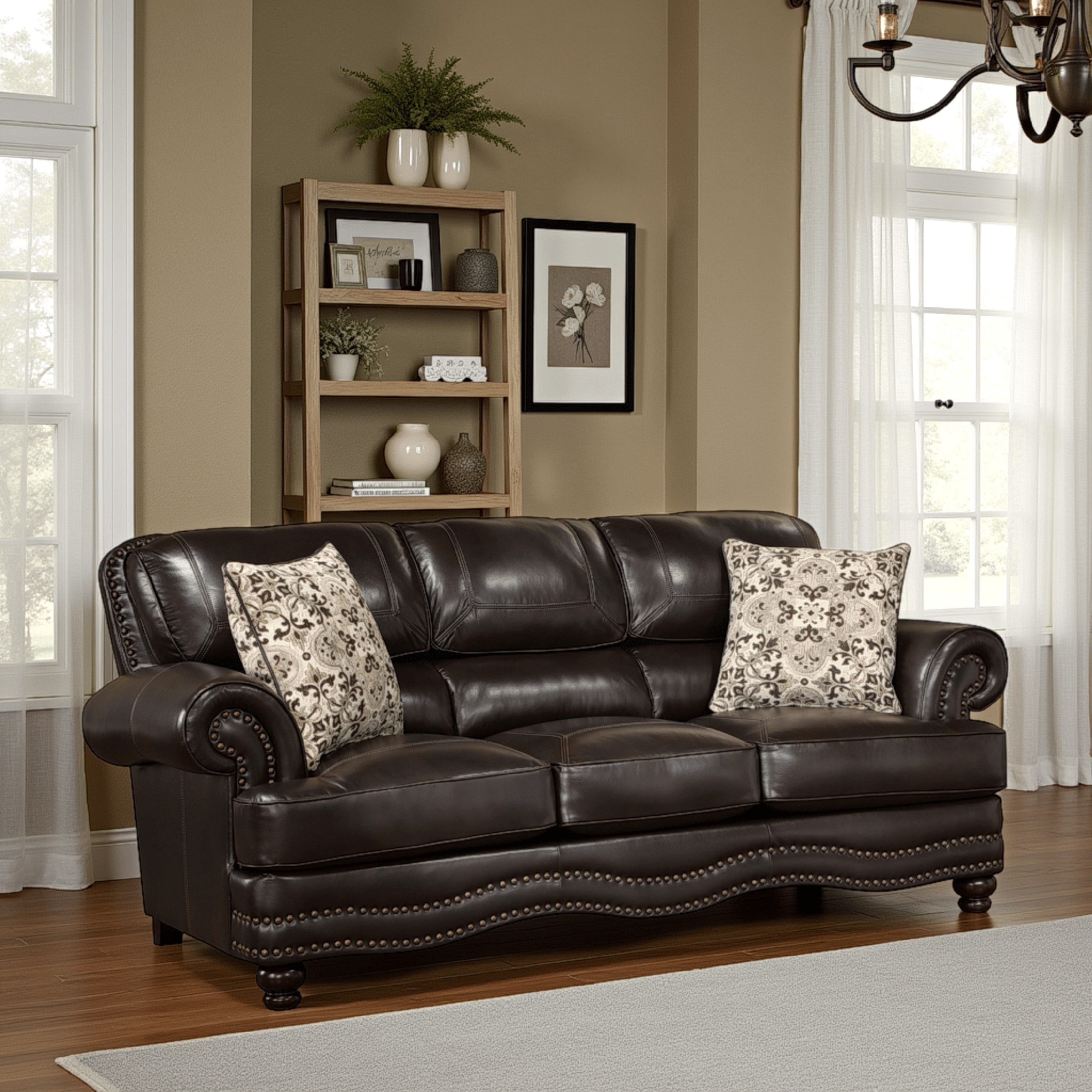 Rhea 88 Inch Accent Sofa, Brown Vegan Faux Leather, Nailhead Trim Accent