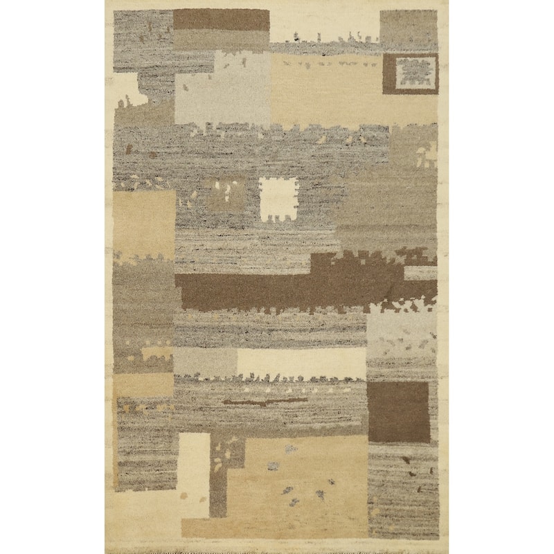 Hand Knotted Oriental 100% Wool Carpet Modern Abstract Greys & Charcoal Gabbeh Area Rug - 7' 3'' X 4' 11''