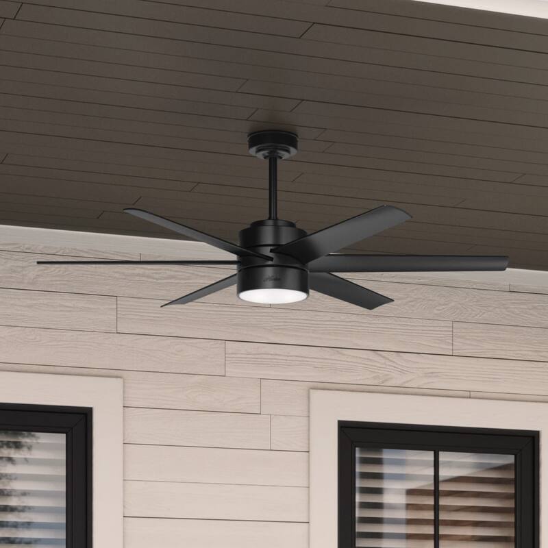 Hunter 60" Solaria Outdoor Damp-Rated Ceiling Fan with LED Light Kit and Wall Control - Contemporary, Industrial - ENERGY STAR! - Matte Black