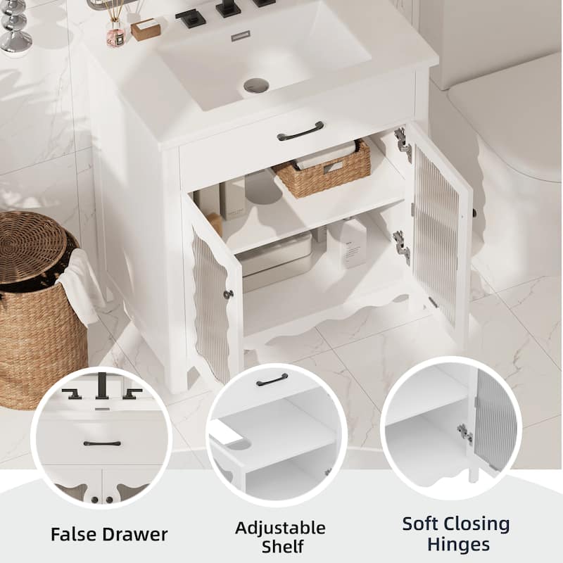 31" Bathroom Vanity with Tempered Glass, Ceramic Sink, Rubber Wood Legs & Soft-Close Doors