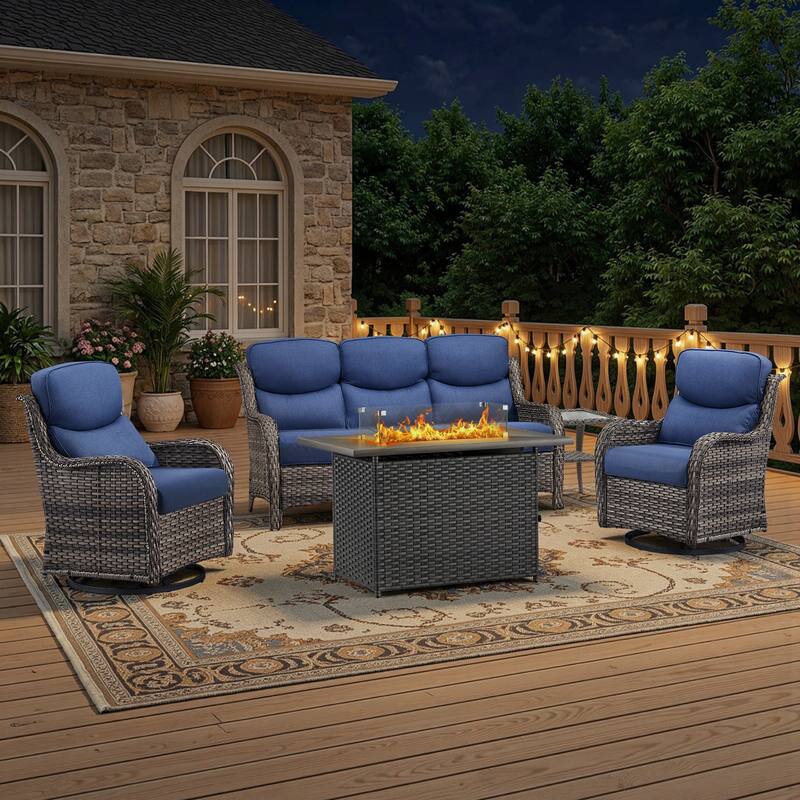 Meyreso 5-Piece Outdoor Patio Wicker Fire Pit Conversation Set with 5-Inch Thick Olefin Cushions - Navy Blue Cushions - Gray Wicker