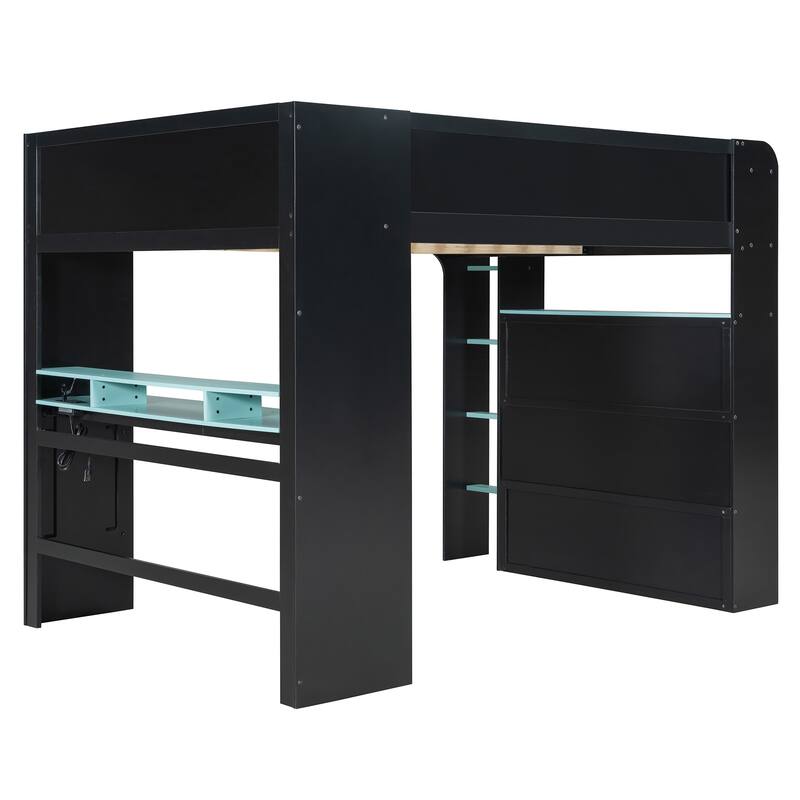 Full Size Esports Loft Bed, Built-In Gaming Station with Adjustable Desk, Wardrobe, Book Shelves, USB Port & RGB Strip Lighting
