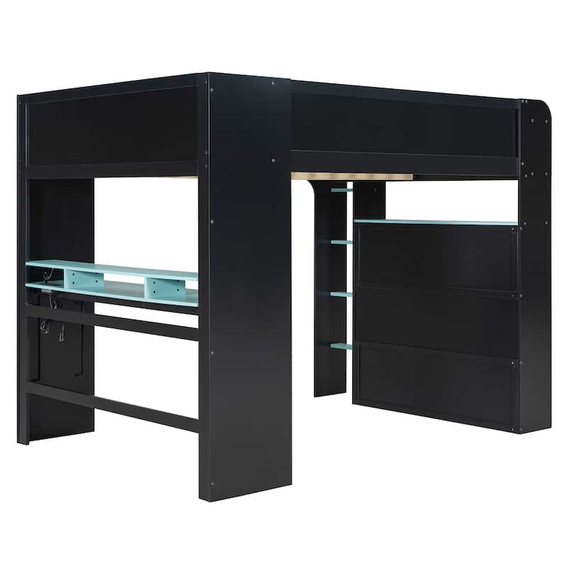 Next-Gen Gamer's Full Size Loft Bed with Adjustable Desk, RGB Lighting, Charging Ports and Storage Space