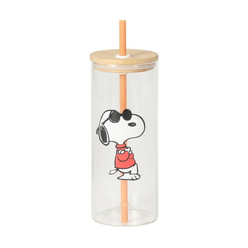 Peanuts Snoopy Happy Sips 4 Piece 23 OZ Tumbler Set with 4 Bamboo Lids and 4 Straws Set, Iced Coffe, Smoothie, Water Cup
