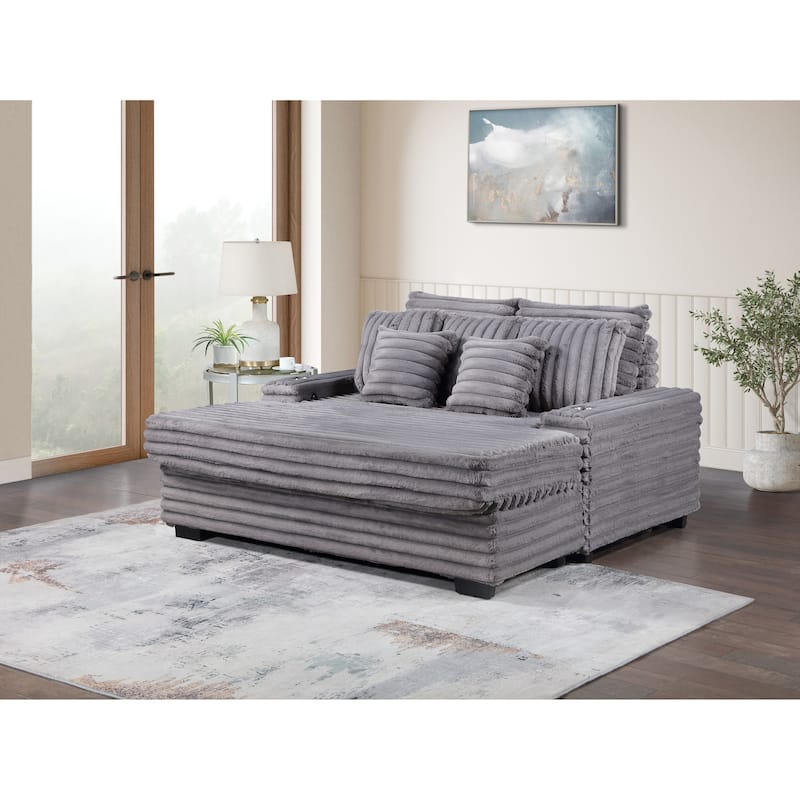 Symphony 67"W Gray Corduroy Oversized Sofa Chaise Lounge Chair with Cupholders and USB Charging Port - Gray