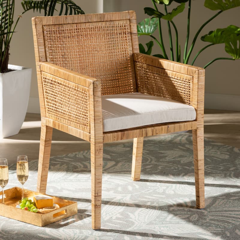Karis Rattan Dining Chair - Handwoven Wicker Armchair with Mahogany Wood, Coastal Boho Style Indoor Seating