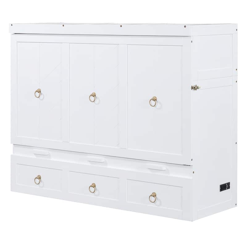 Full/Queen Murphy Bed with Built-in Power/USB Module, Wooden Foldable Wall Bed w/Large Storage Drawer for Home Office Guest Room