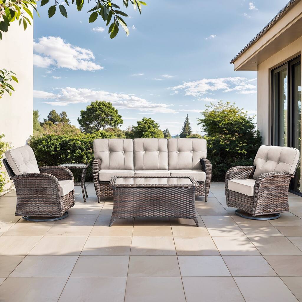 Gymojoy Outdoor Wicker Patio Furniture Set, 5" Thick Cushioned Rattan Set with Swivel Chairs & Coffee Table