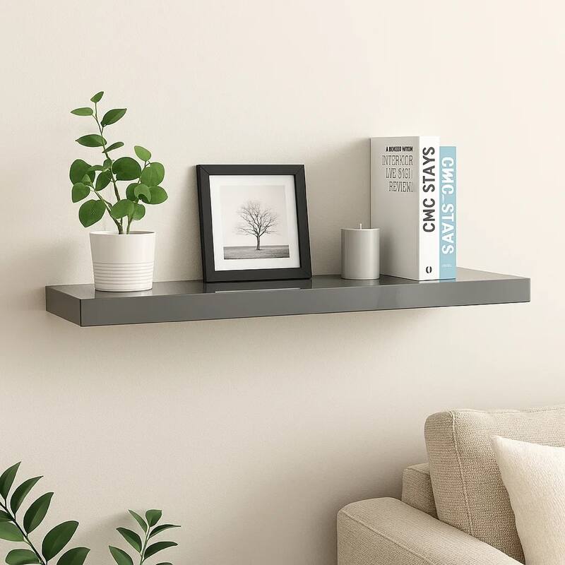 Zyno Wall Shelf, 32 Inch, Glossy Gray MDF Body, Modern Design