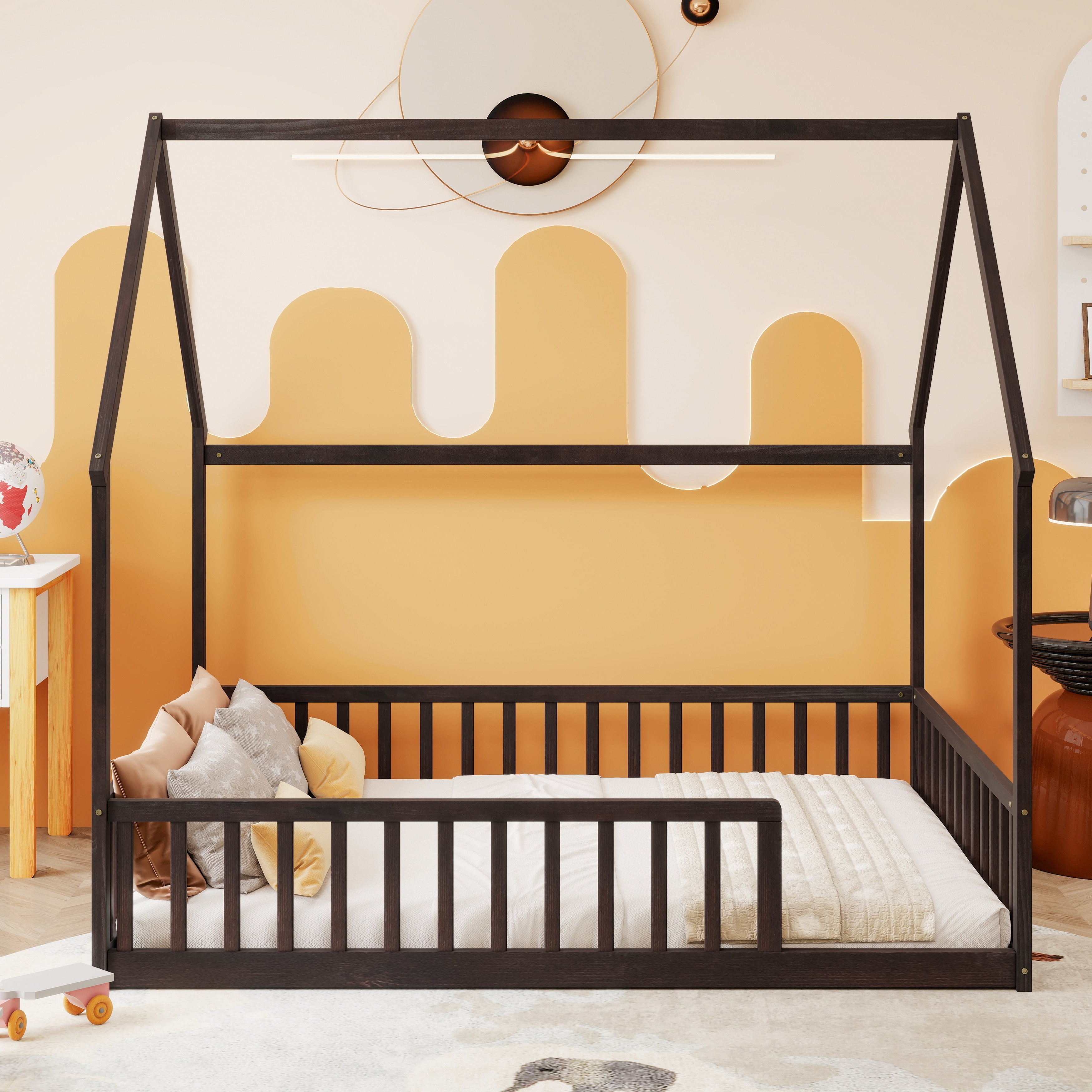 Full Size House Floor Bed with Roof Frame ,Pine Wood Floor Bed with Safety Guardrails