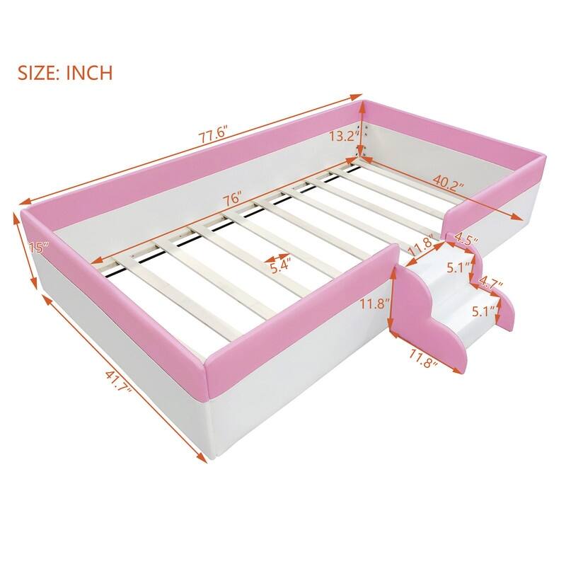 Twin/ Full/ Queen/ King Size Upholstered Kids Floor Bed Frame with Guardrail and Little Stairs, Soft PU Platform Bed