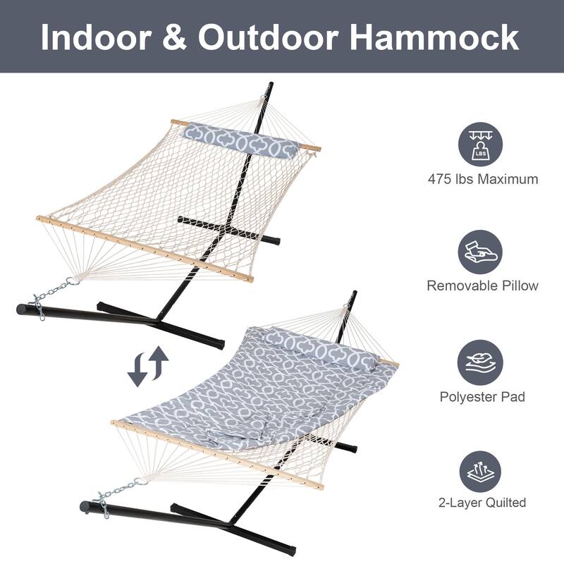 Double Hammock with Stand, Two Person Cotton Rope Hammock