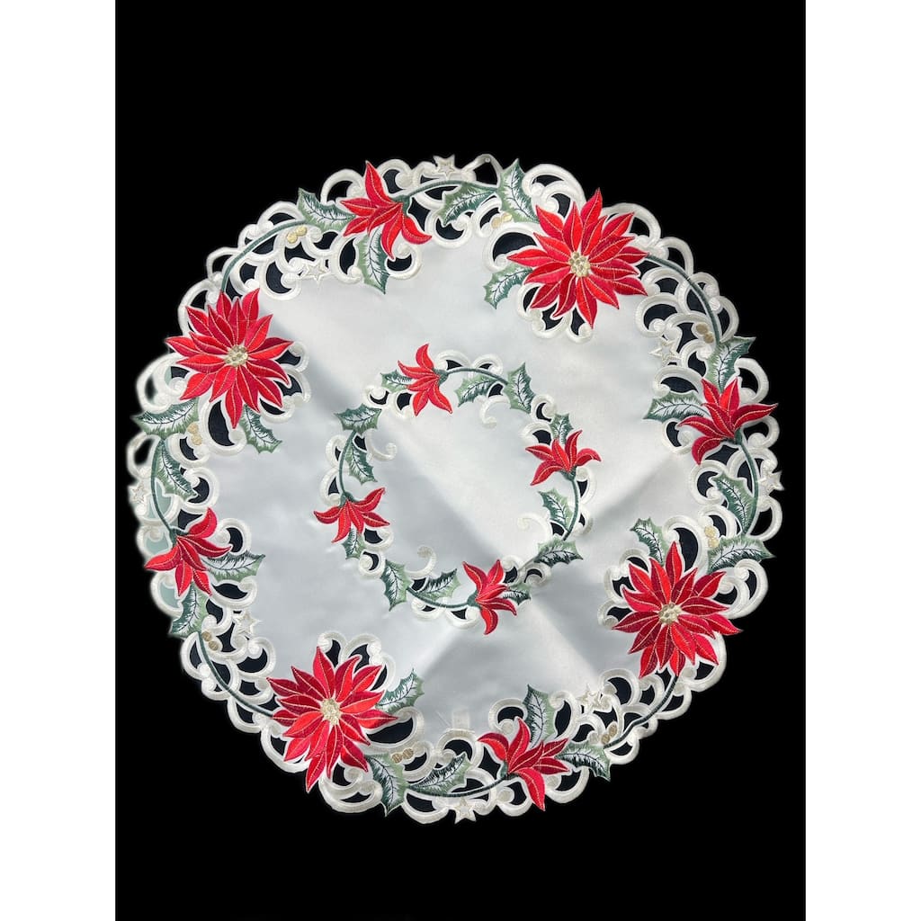 Christmas Poinsettia Embroidered Cutwork Round Placemat, 23" dia.