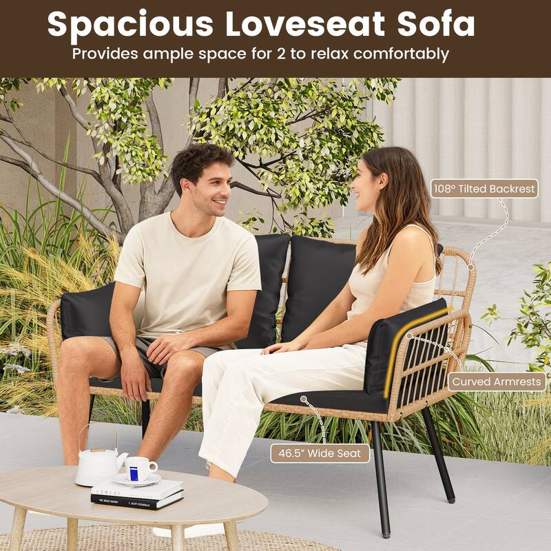 Gymax Patio Wicker Loveseat Furniture w/Seat Back Cushions Heavy-Duty