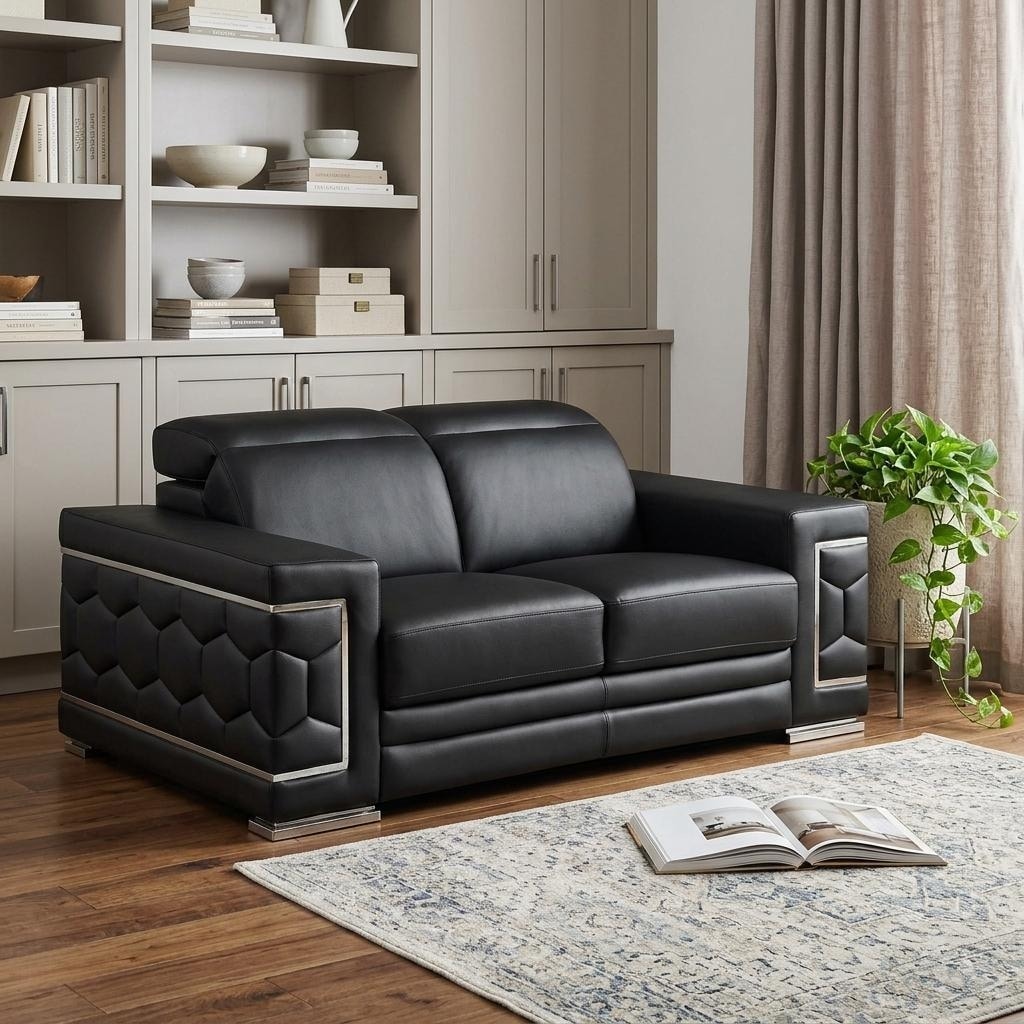 HomeRoots 71" Black And Silver Genuine Leather Loveseat - 71.00 in. x 29.00 in. x 41.00 in.
