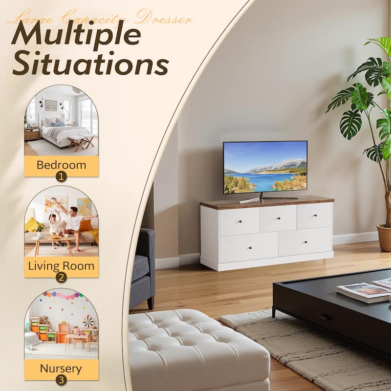 Furniwell 5 Drawers Dresser 45" TV Stand Cabinet Organizer Modern Wood Chest for Bedroom Living Room