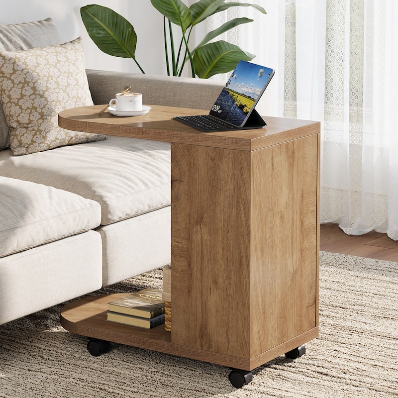 C Shaped Sofa Side Table, Mobile Bedside End Table with Storage