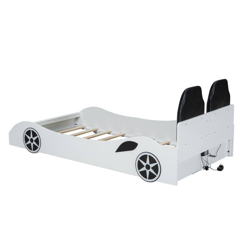 Wood Twin Size Race Car-Shaped Platform Bed With Led And Upholstered Backrest