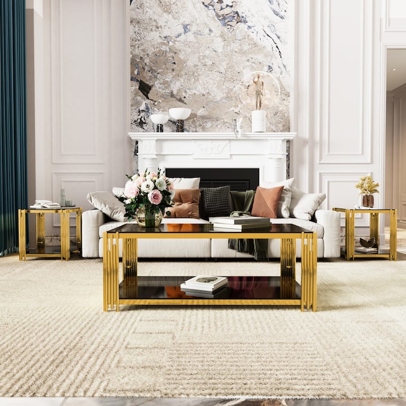 Glass Coffee Table Set of 3, Includes 1 Coffee Table & 2 End Tables, Luxury Living Room Table Set with Glass Top and Lower Shelf - Black - Rectangular&Square