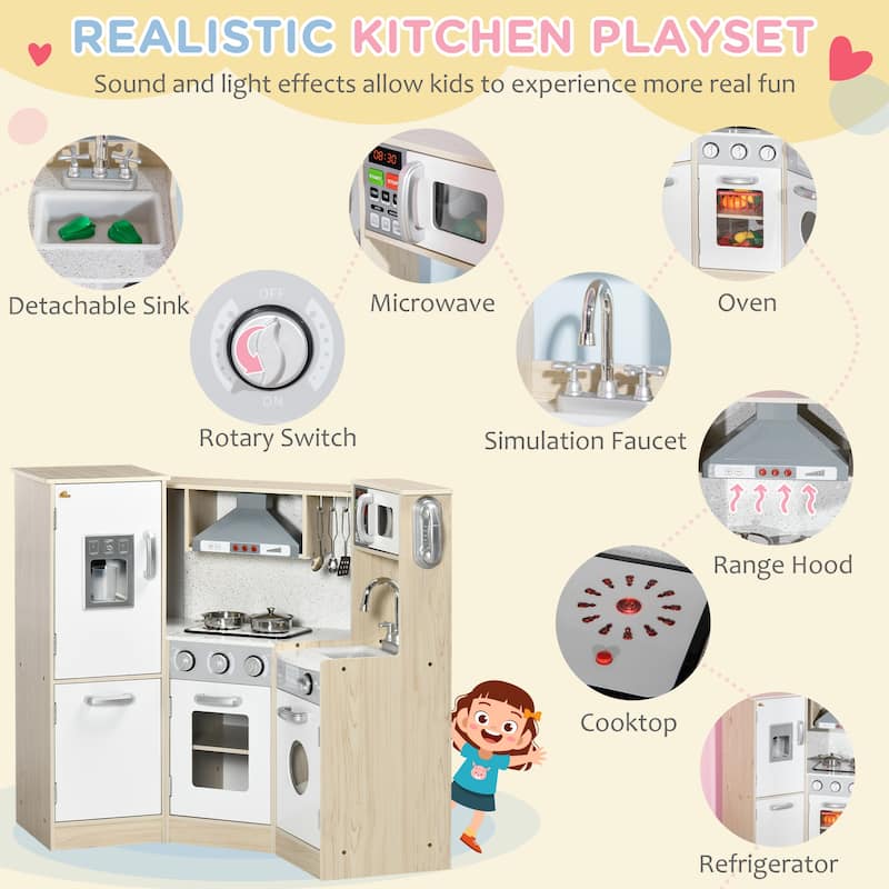 Qaba Ultra-Big Corner Kids Kitchen Playset with Sound Effects, Wooden Play Kitchen with Stainless Steel Cooking Toys